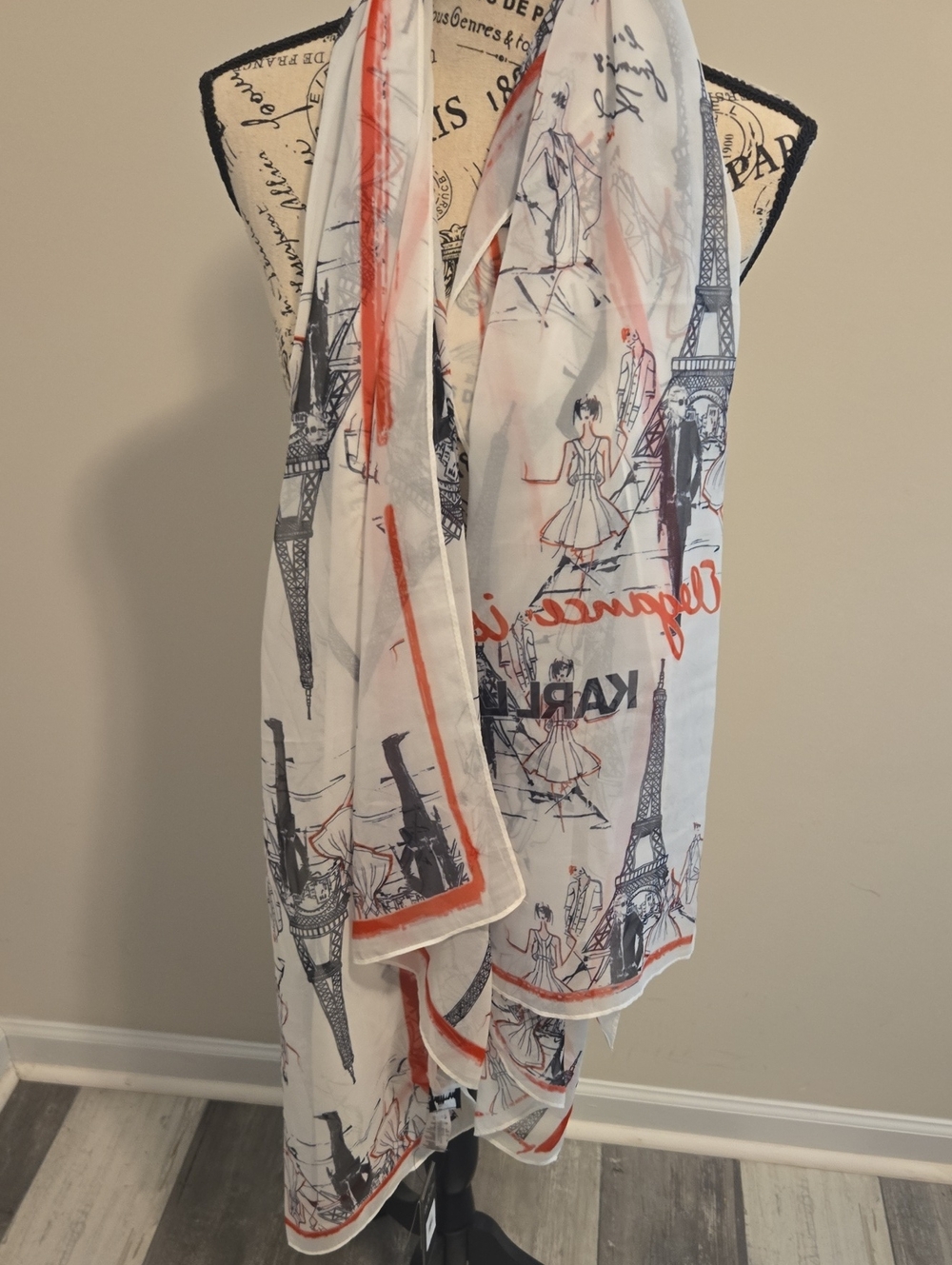 Karl Lagerfeld White Scarf with Black Paris Sketches and Orange Trim
